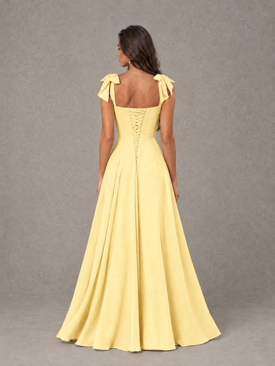 BOLODOO Yellow Bow-Strap Bridesmaid Dress with Ruffle Slit - Yellow - Yellow (2)
