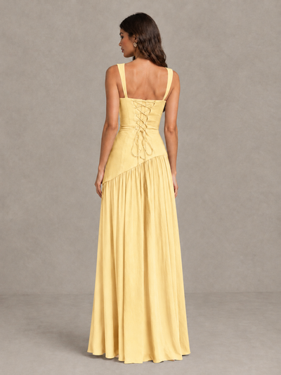 BOLODOO Yellow Brown Scarf Bridesmaid Dress with Lace-Up Back - Yellow - Yellow (2)