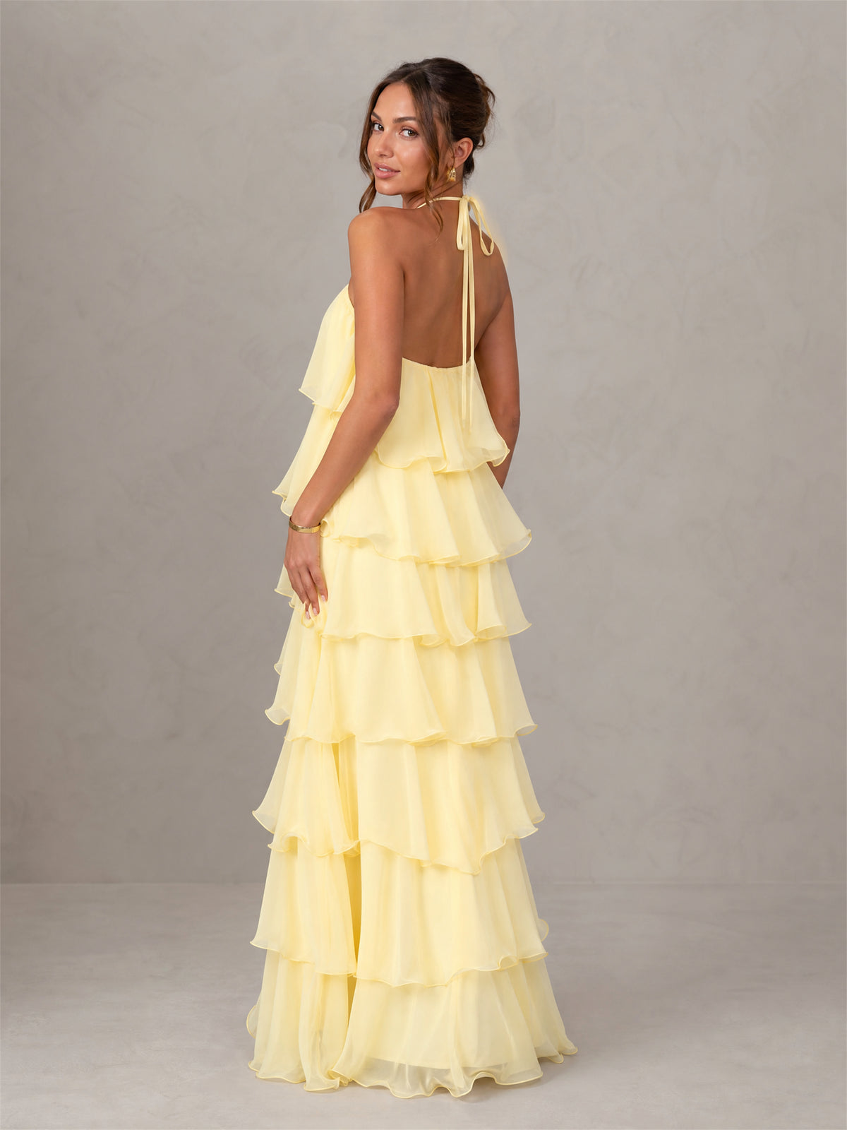 BOLODOO Yellow Halter Tiered Ruffle Chiffon Maxi Dress - Yellow