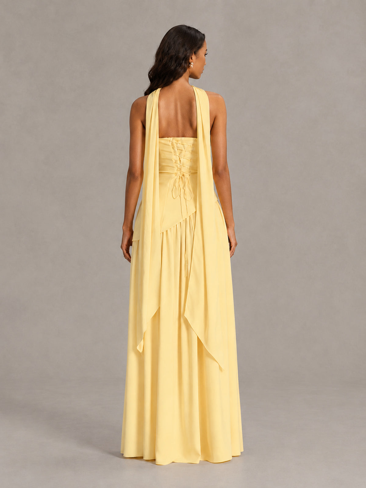 Yellow Strapless Bridesmaid Dress with Scarf & High Slit - Yellow - Yellow (2)