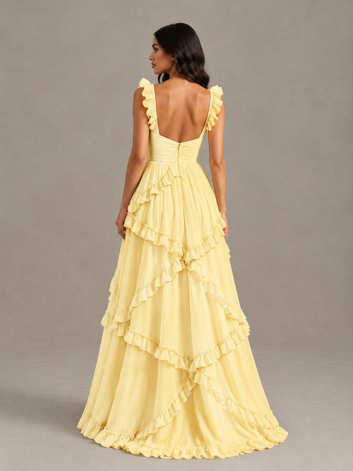 BOLODOO Yellow Ruffle A-Line Prom Dress with Open Back - Yellow - Yellow (2)