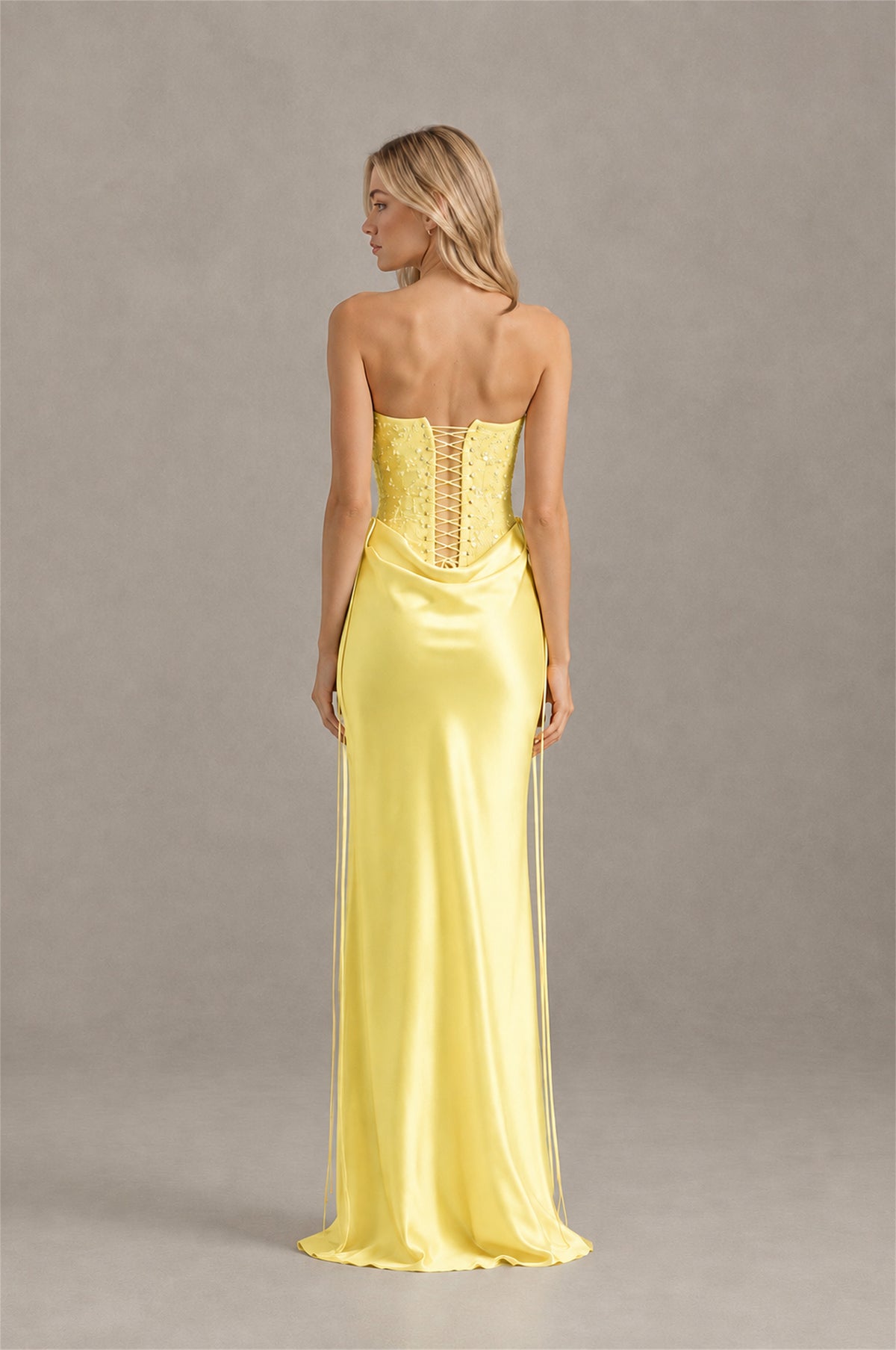 BOLODOO Yellow Strapless Embellished Corset Satin-Look Maxi Dress - Yellow