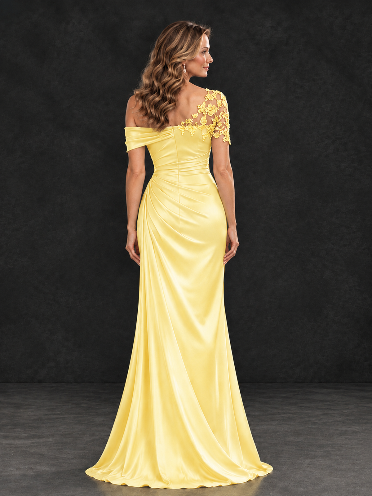 BOLODOO Yellow Asymmetric Satin Mother of the Bride Dress with Lace Sleeve - Yellow - Yellow (2)