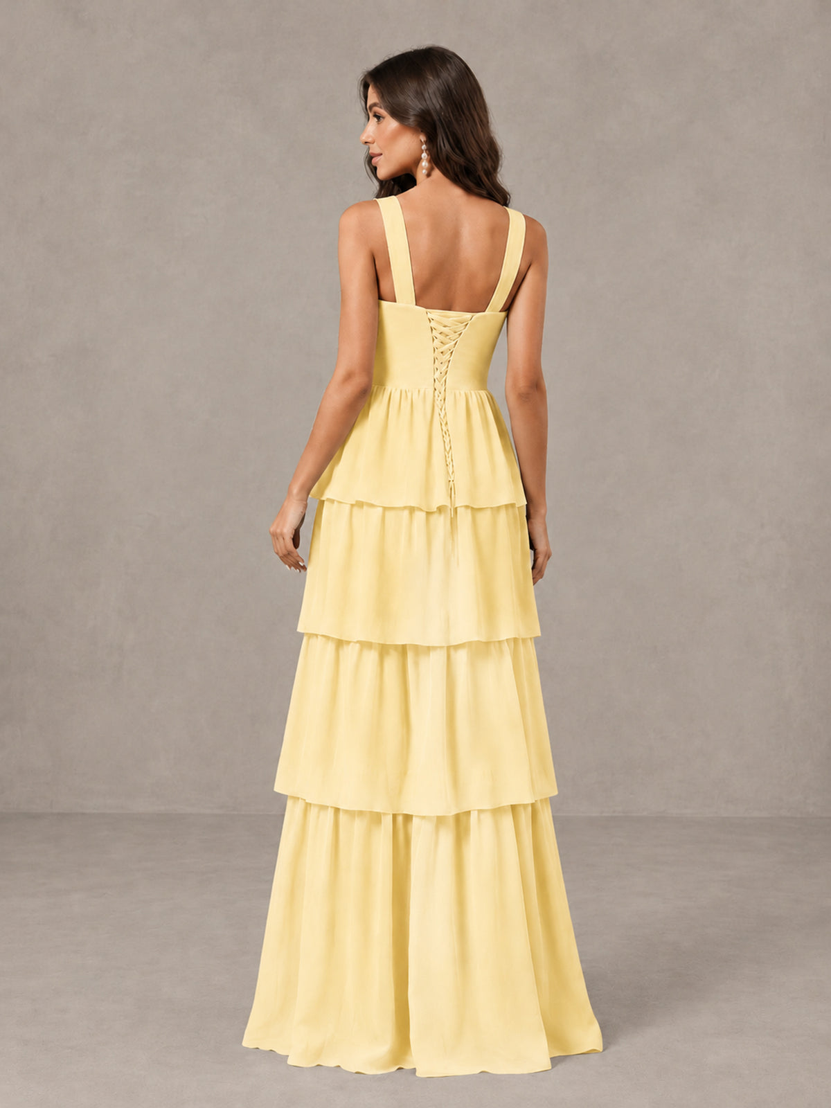 BOLODOO Yellow Square Neck Tiered Bridesmaid Dress with Slit - Yellow - Yellow (2)