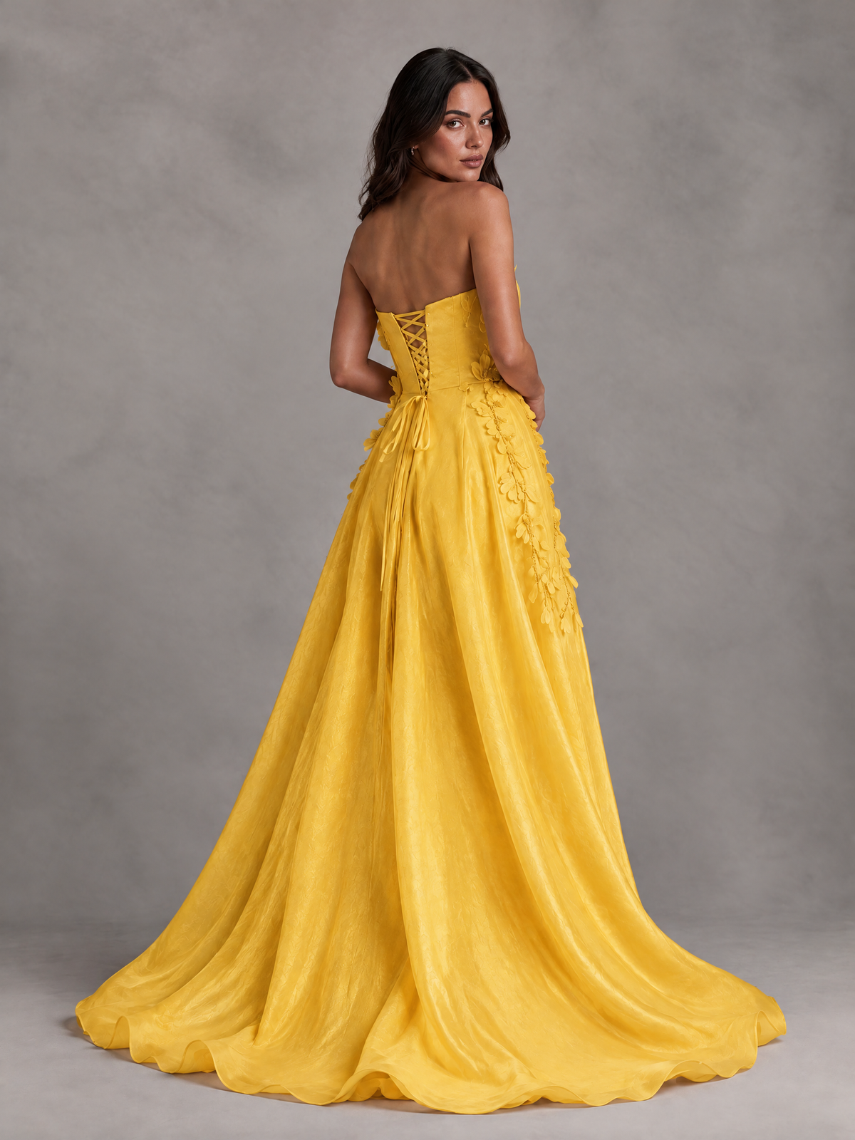 BOLODOO Yellow Strapless Floral Applique Prom Dress with Overskirt - Yellow - Yellow (2)