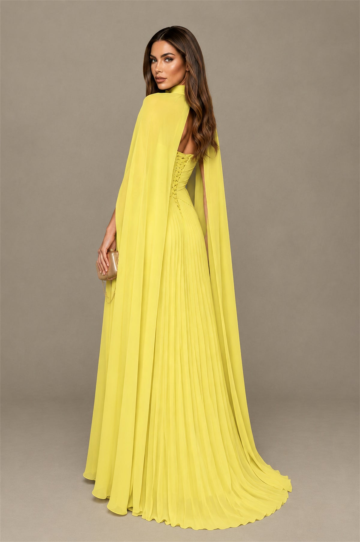 BOLODOO Yellow Strapless Crossover Ruched Bodice Detached Turtleneck Cape Lace-Up Back Pleated Chiffon Maxi Dress - Yellow