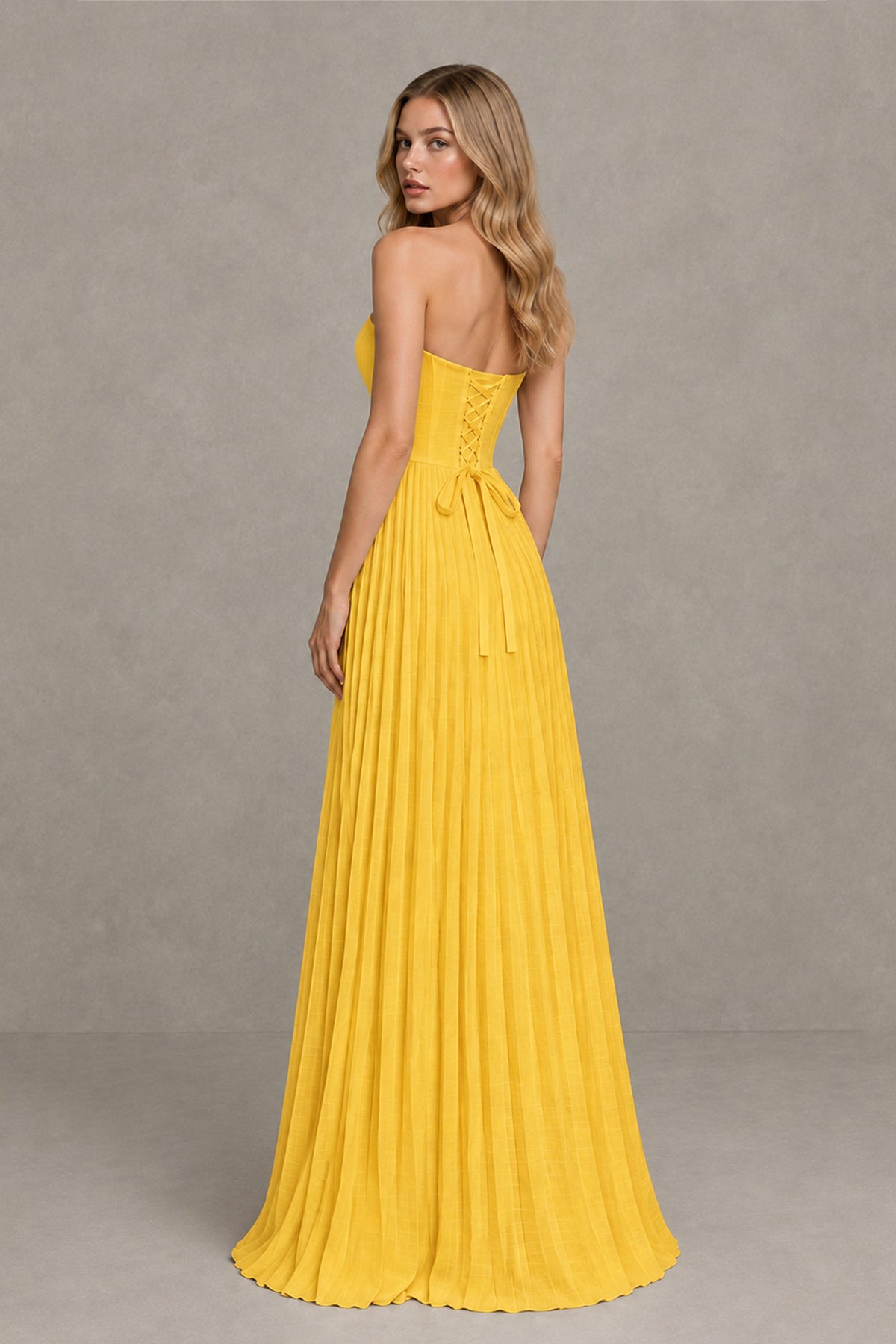 BOLODOO Yellow Strapless Sunburst Pleated Twisted Knot Lace-Up Back Accordion Pleated Chiffon Maxi Dress - Yellow