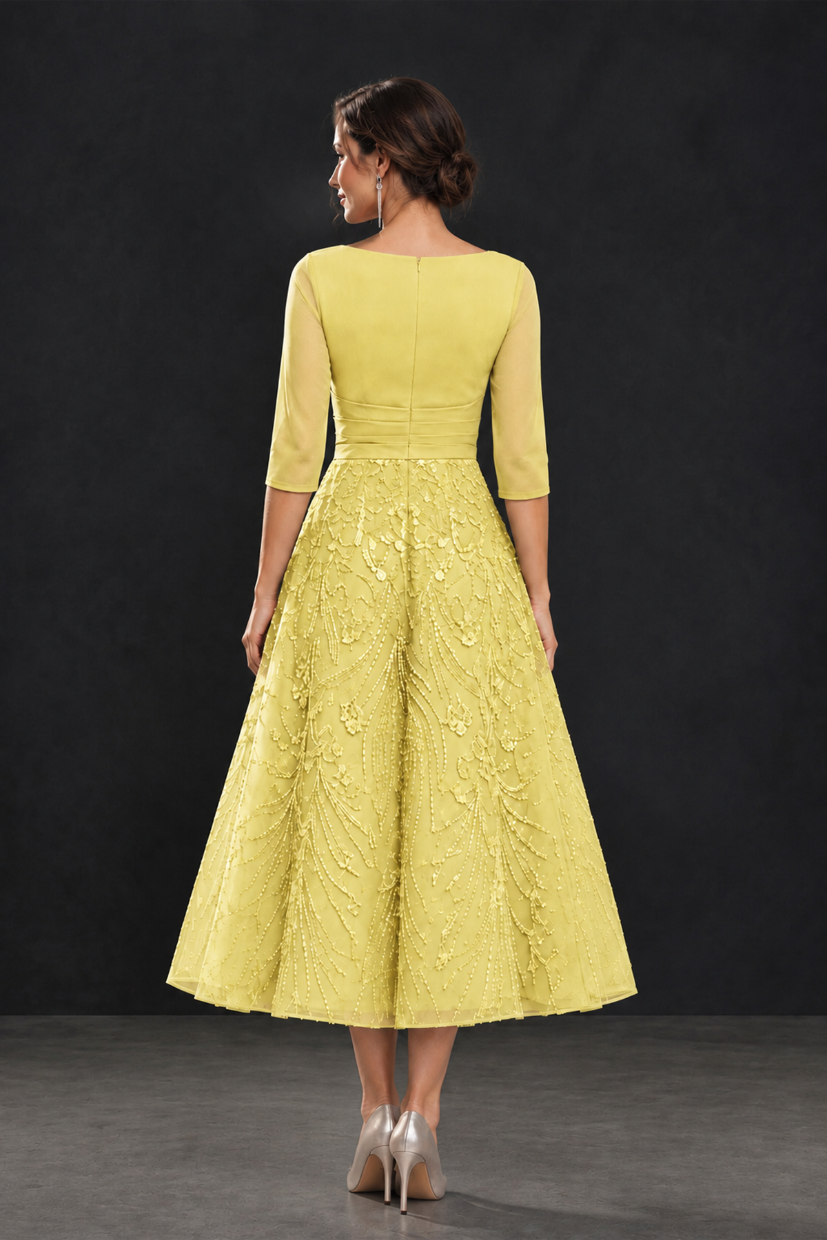 BOLODOO Yellow V-Neck Tea-Length Lace Mother of the Bride Dress - Yellow