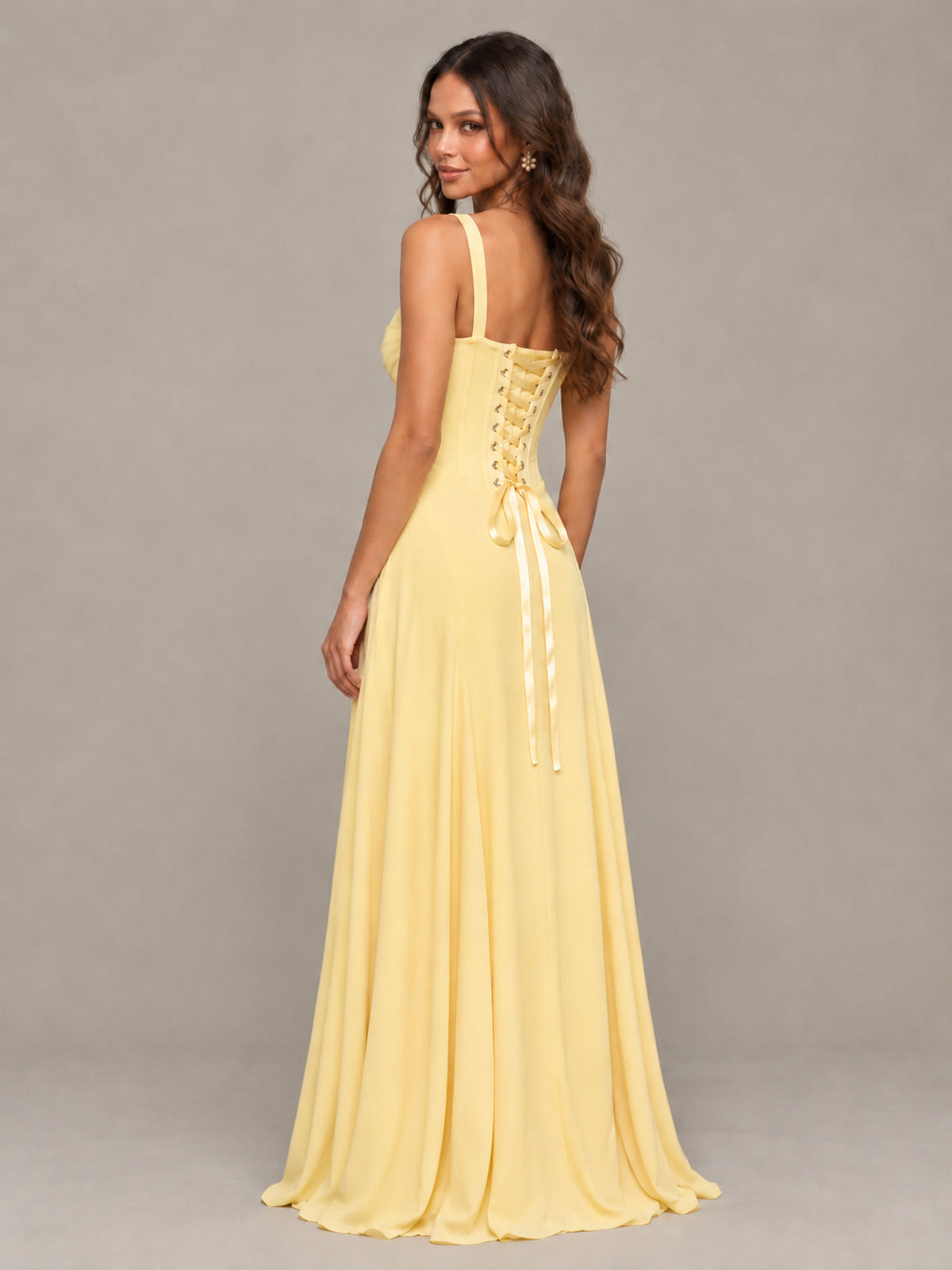 BOLODOO Yellow Sweetheart Lace-Up Back Bridesmaid Dress - Yellow - Yellow (2)