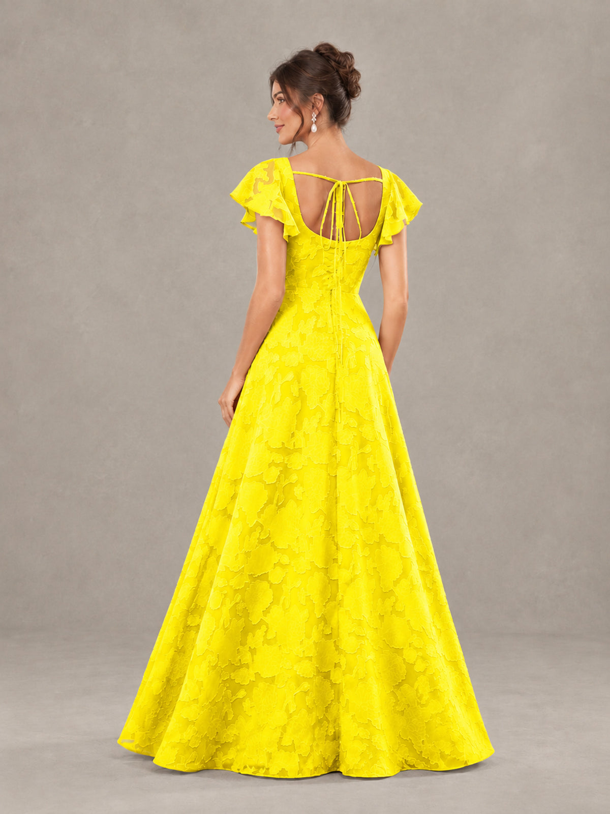 BOLODOO Yellow Floral Flutter Sleeve Bridesmaid Dress with Slit - Yellow - Yellow (2)