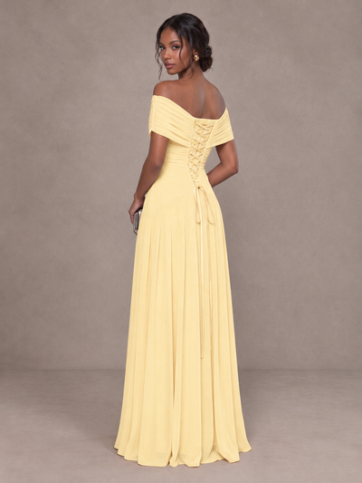 BOLODOO Yellow Off-Shoulder Ruched A-Line Bridesmaid Dress - Yellow - Yellow (2)