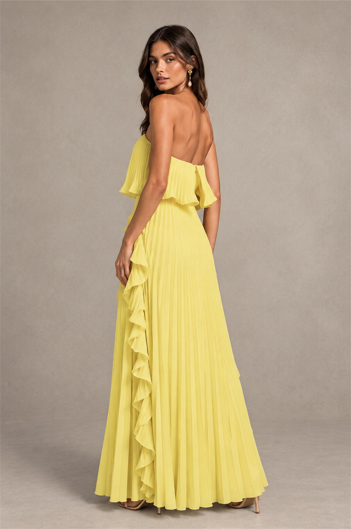 BOLODOO Yellow Strapless Ruffle Bodice Dual Cascading Ruffle Accordion Pleated Chiffon Maxi Dress - Yellow