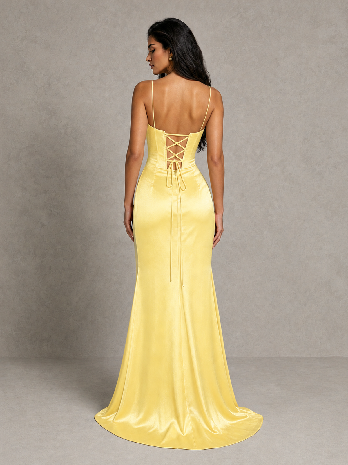 BOLODOO Yellow Satin Corset Prom Dress with High Slit & Lace-Up Back - Yellow - Yellow (2)