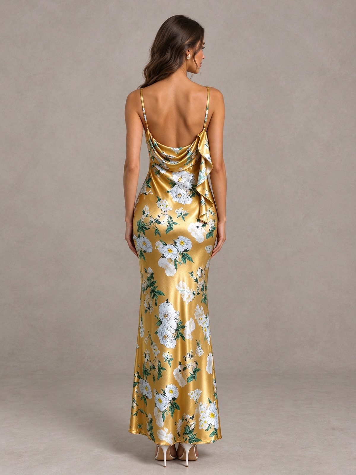 BOLODOO Yellow Floral Satin Bridesmaid Dress with Cowl Back - Yellow - Yellow (2)