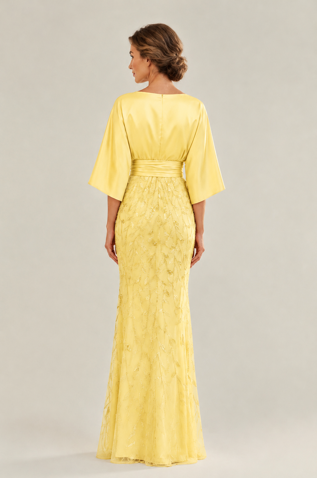 BOLODOO Yellow Mother of the Bride Dress with Kimono Sleeves, Satin Bodice & Sequin Embroidered Mermaid Floor-Length Gown - Yellow - Yellow (2)
