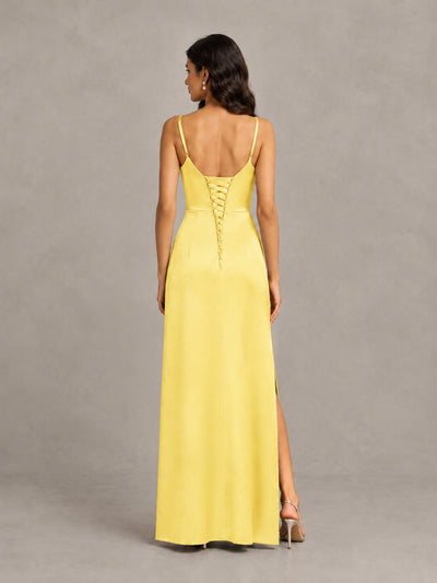 BOLODOO Yellow Cowl Neck Satin Bridesmaid Dress with Slit - Yellow - Yellow (2)