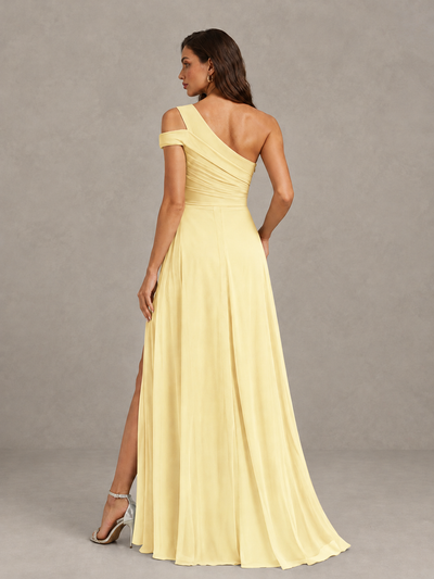 BOLODOO Yellow One-Shoulder Bridesmaid Dress with Side Slit - Yellow - Yellow (2)