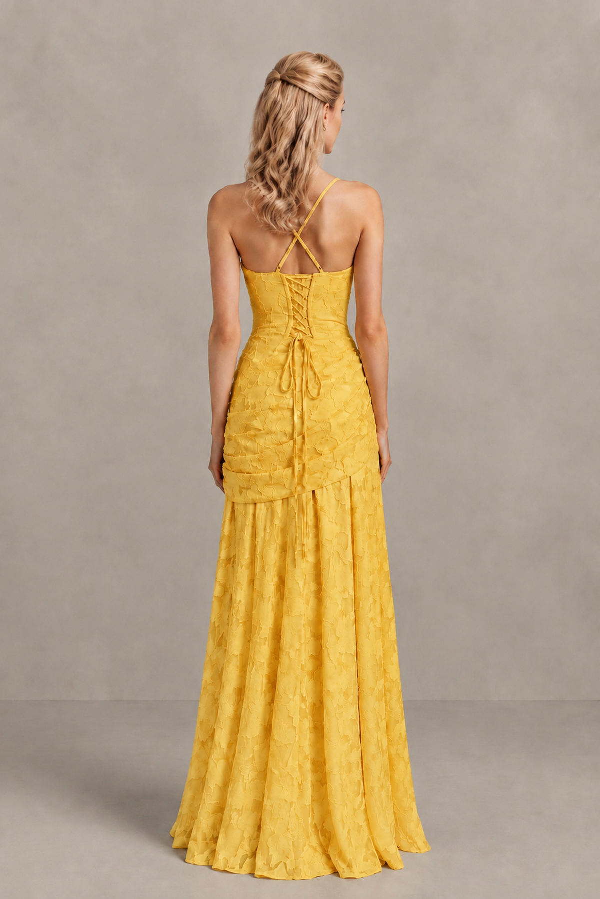 BOLODOO Yellow Ruched Floral Maxi Dress with Lace-Up Back - Yellow