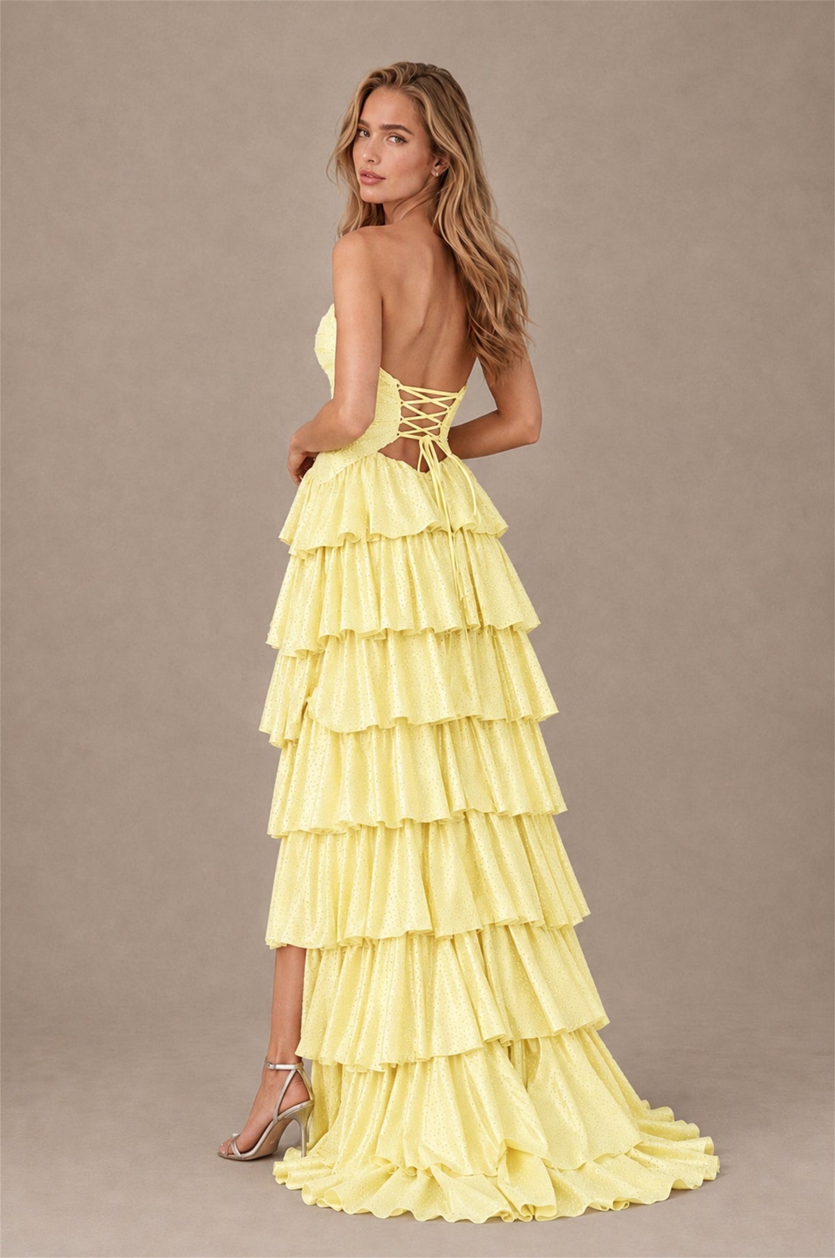 BOLODOO Yellow Strapless Cutout Tiered Ruffle Prom Dress with High Slit - Yellow - Yellow (2)