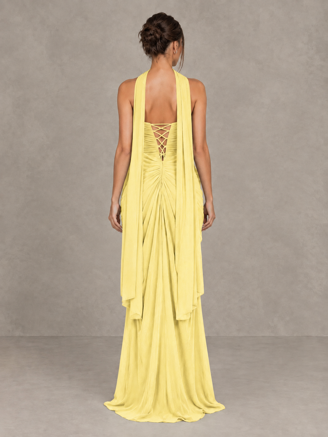 BOLODOO Yellow Strapless Ruched Maxi Dress with Scarf and Slit - Yellow