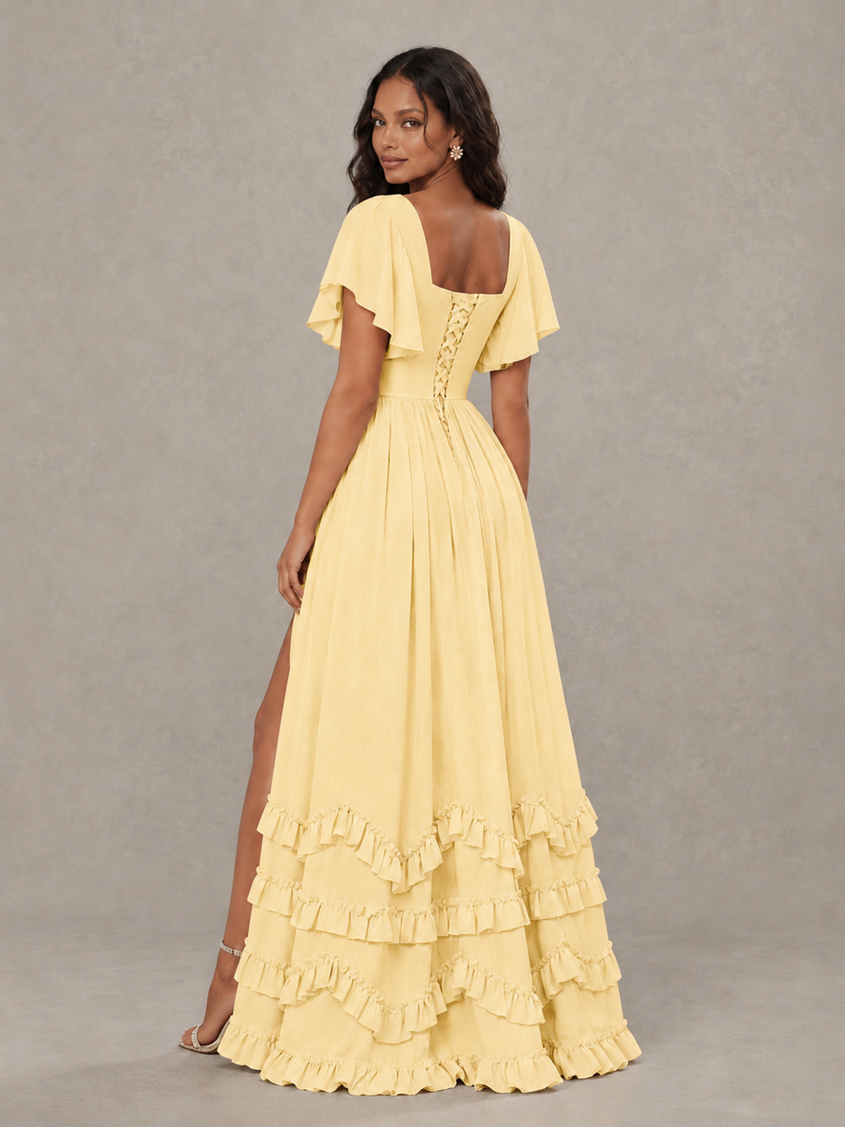 BOLODOO Yellow V-Neck Flutter Sleeve Ruffle Bridesmaid Dress with Slit - Yellow - Yellow (2)