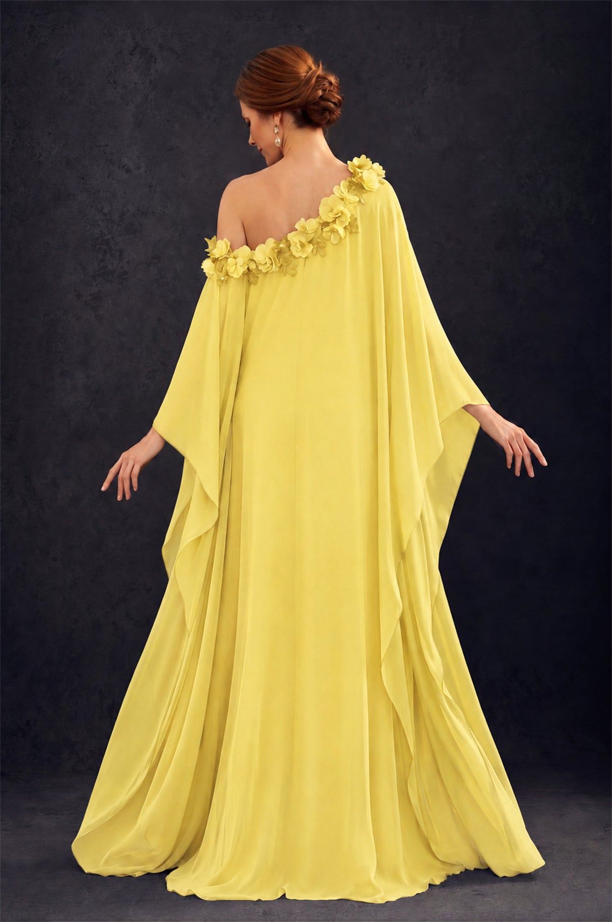 BOLODOO Yellow 2-Piece Set: Off-Shoulder 3D Floral Cape Gown & One-Shoulder Wide-Leg Jumpsuit | BD0373 - Yellow