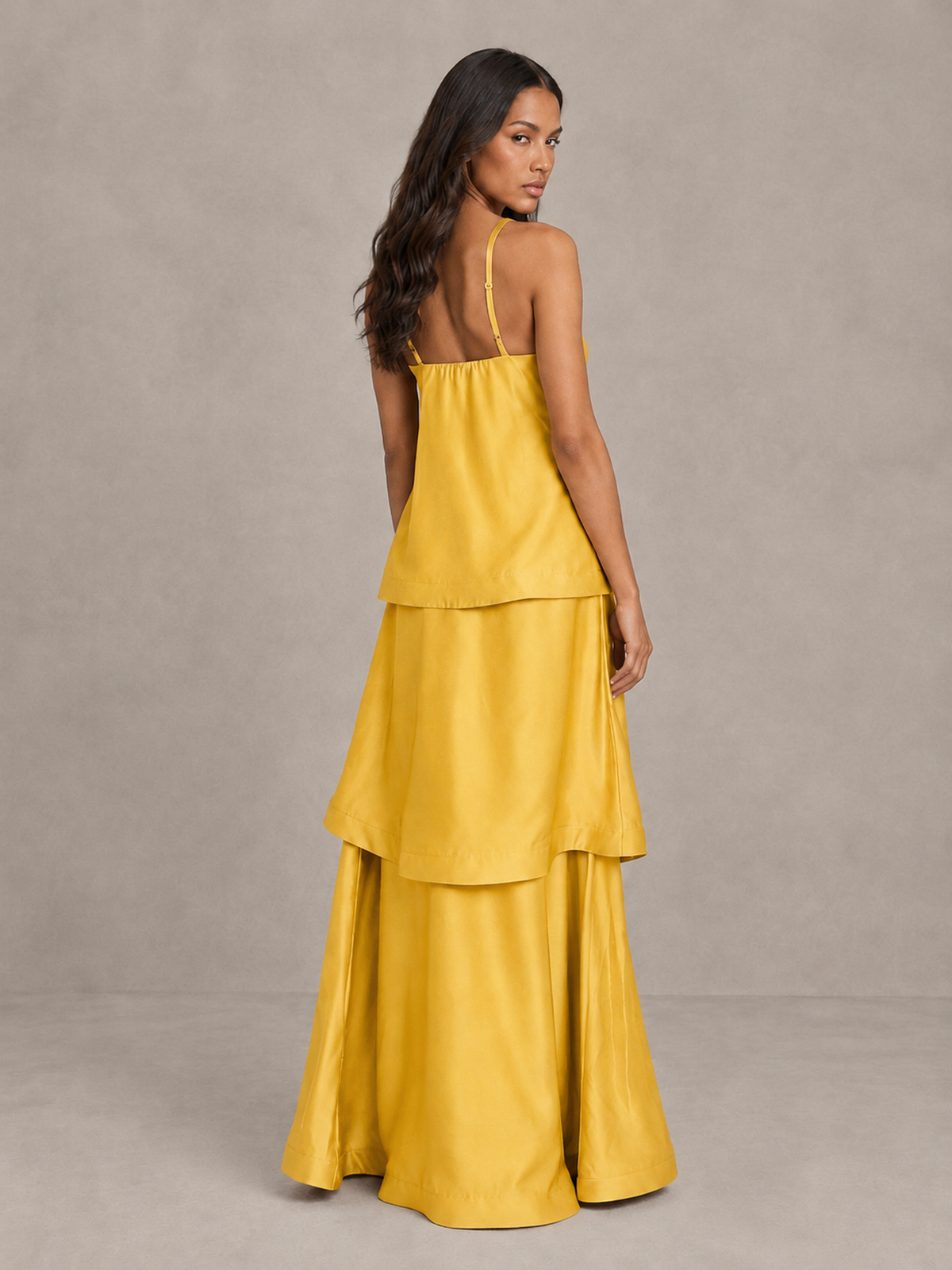 BOLODOO Yellow Satin Tiered Maxi Dress with Spaghetti Straps - Yellow