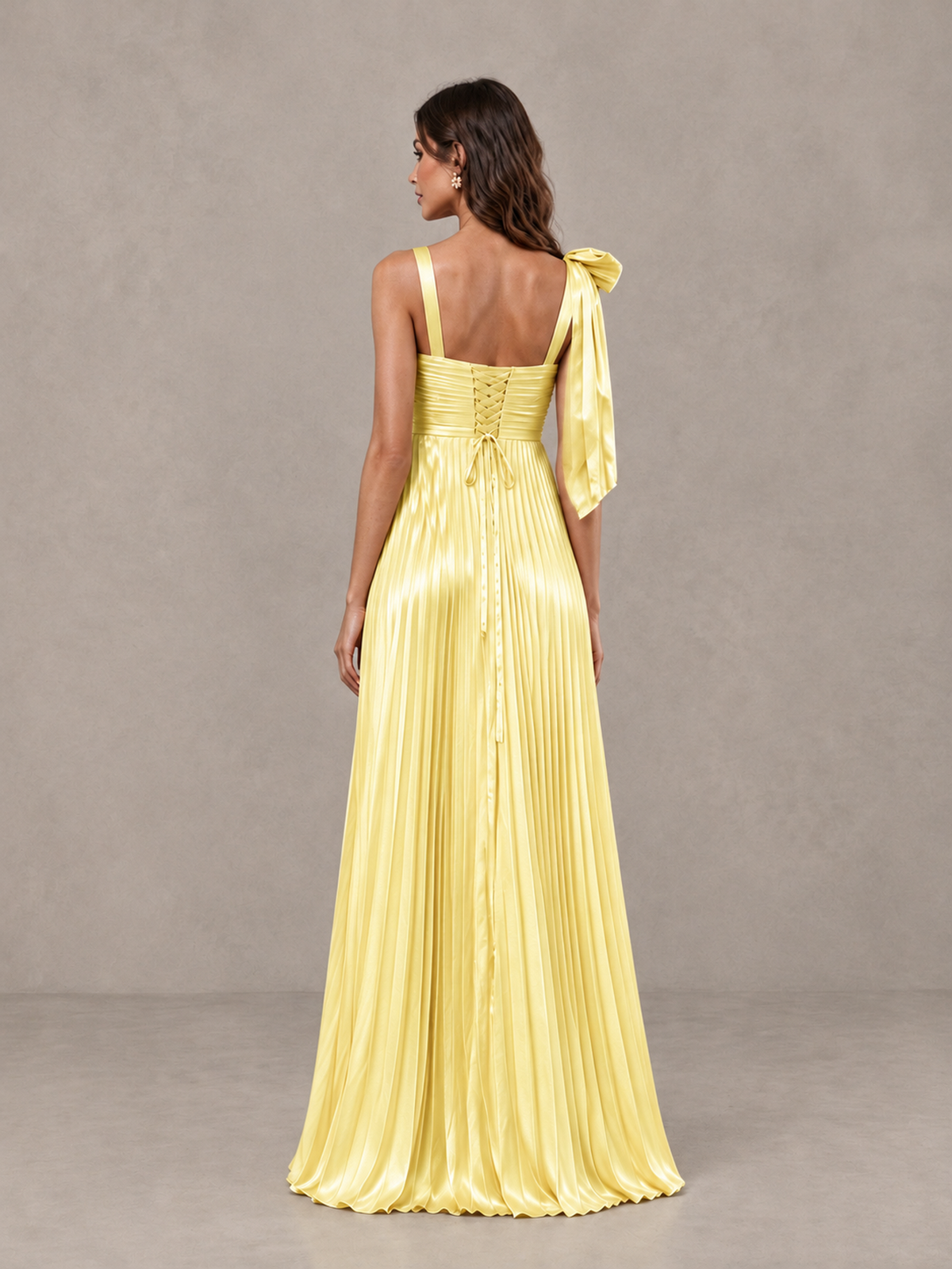 BOLODOO Yellow Pleated Bow-Strap Bridesmaid Maxi Dress - Yellow - Yellow (2)