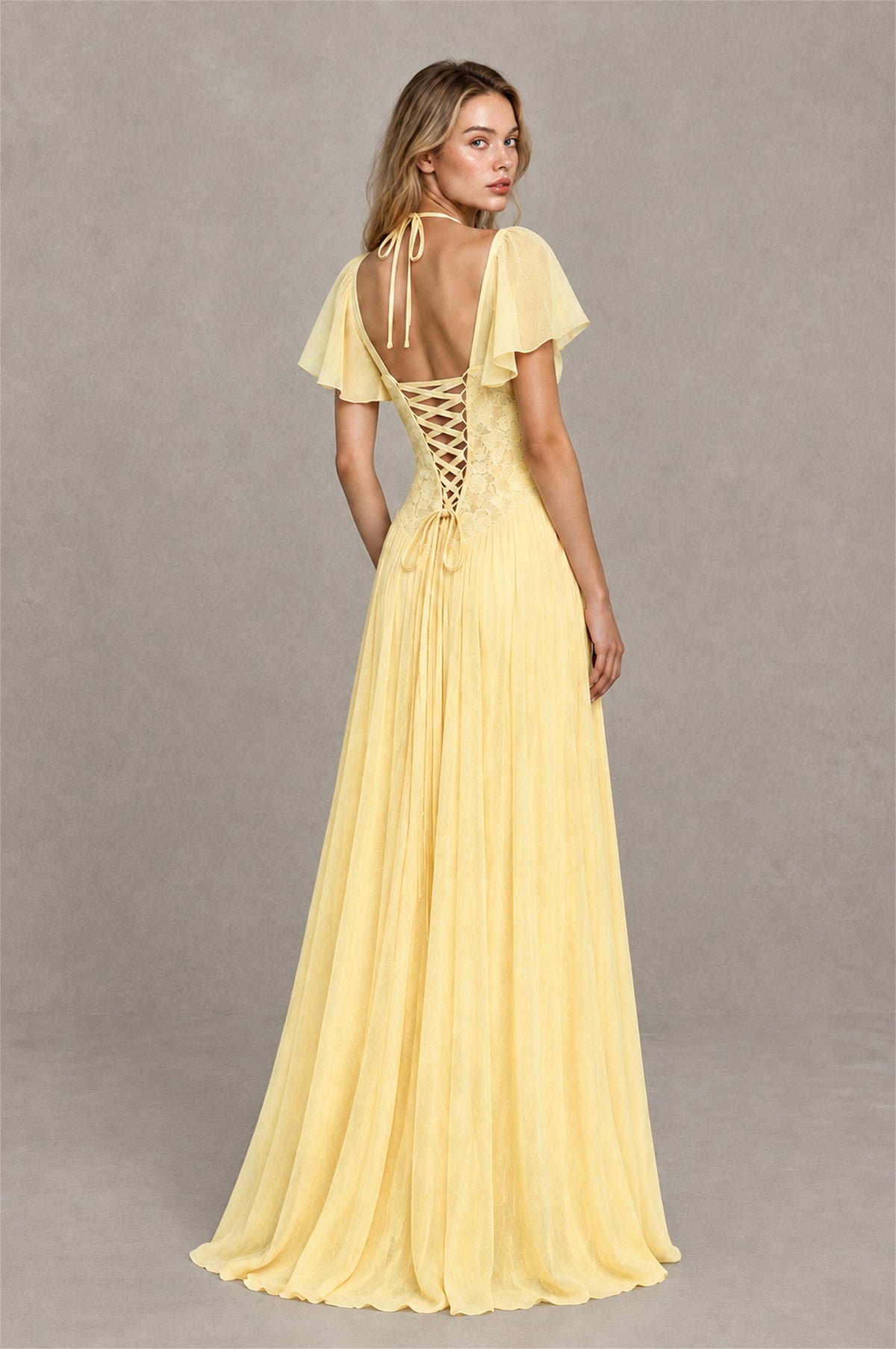 BOLODOO Yellow Flutter Sleeve Lace Corset A-Line Maxi Dress - Yellow - Yellow (2)