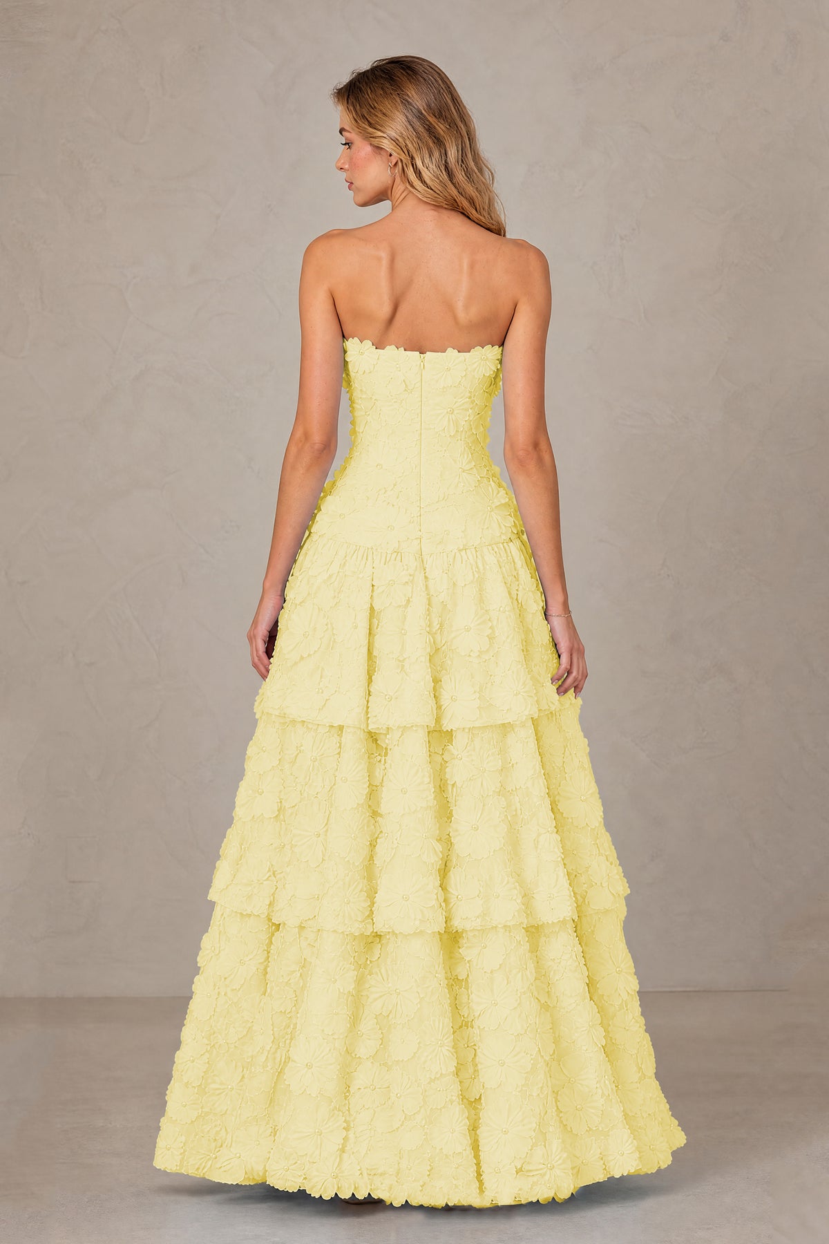 BOLODOO Yellow Strapless 3D Floral Tiered Evening Gown - Yellow
