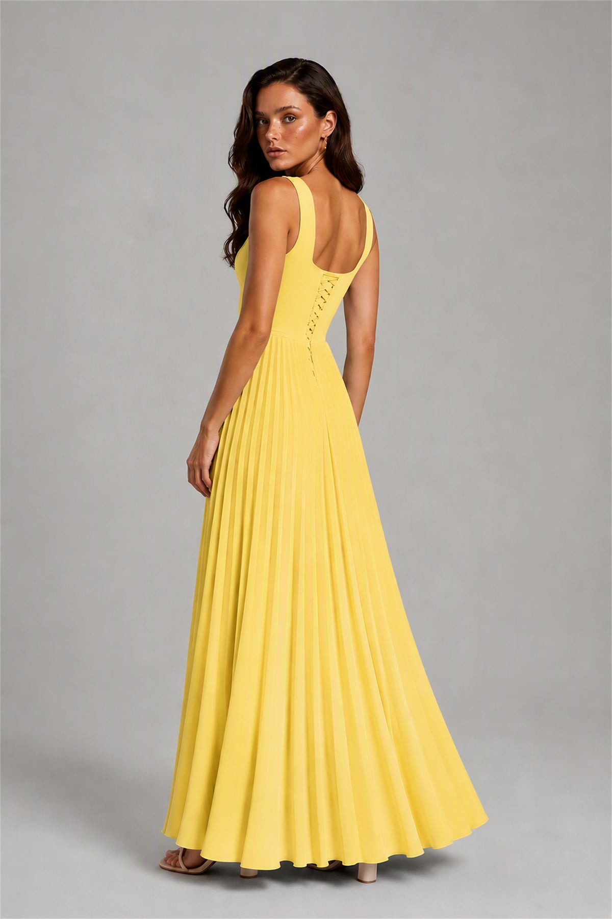 BOLODOO Yellow Square Neck Wide Strap Lace-Up Back Pleated A-Line Chiffon Maxi Dress - Yellow