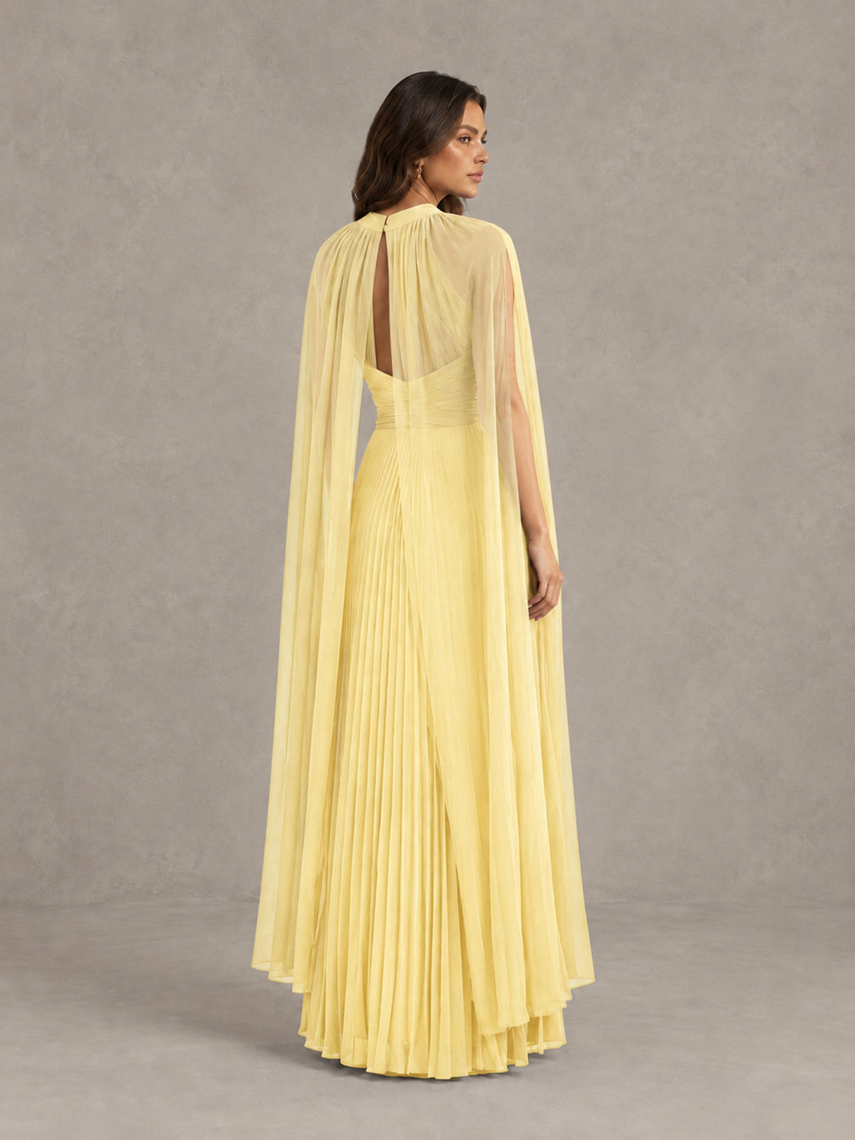 BOLODOO Yellow Pleated Cape Maxi Wedding Guest Dress - Yellow - Yellow (2)