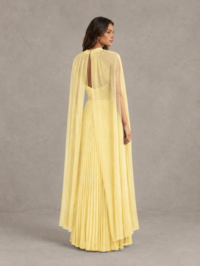 BOLODOO Yellow Pleated Cape Maxi Wedding Guest Dress - Yellow - Yellow (2)
