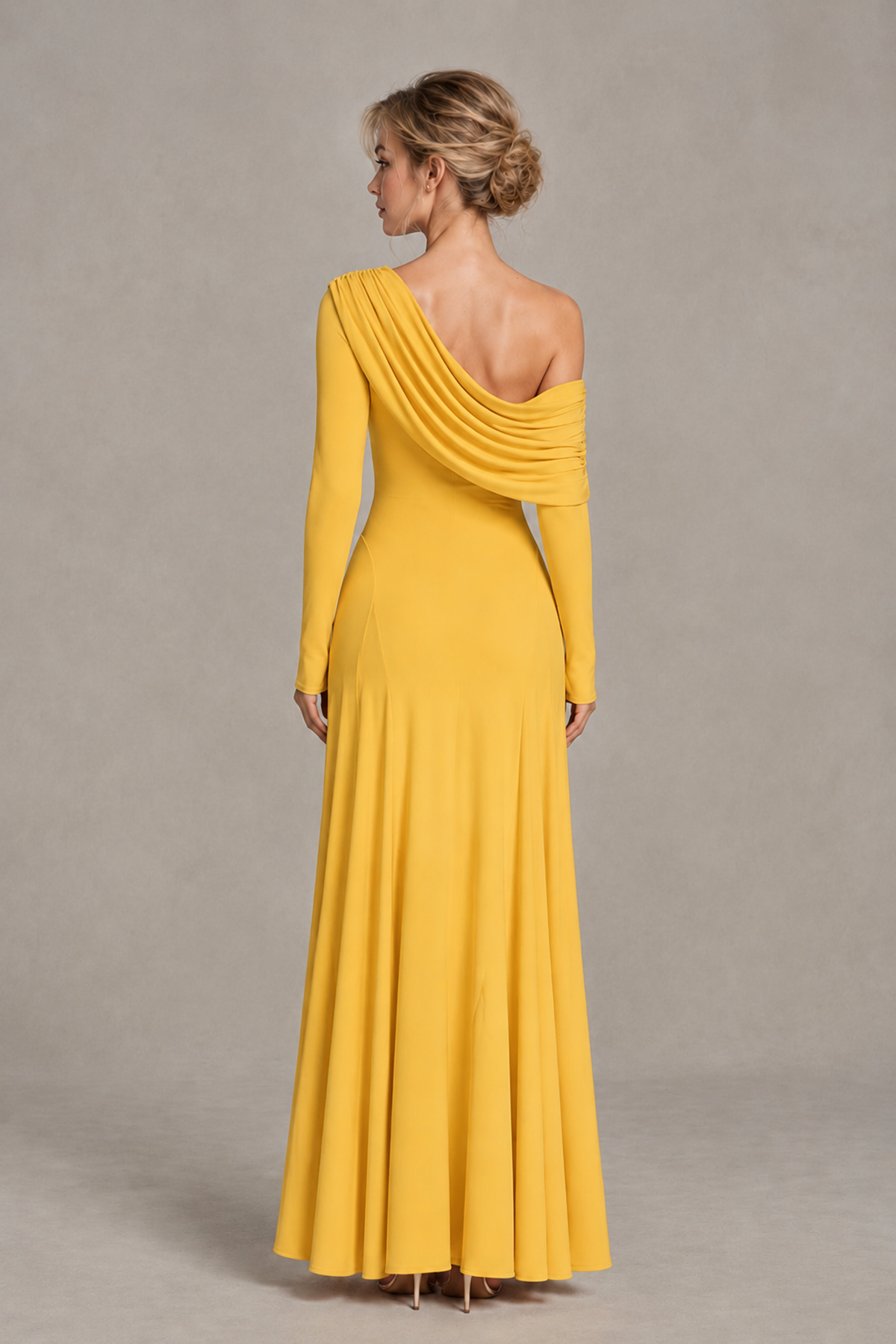 BOLODOO Yellow Asymmetric Draped Long Sleeve Evening Gown - Yellow