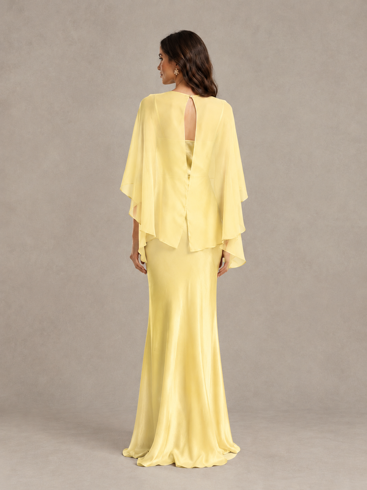BOLODOO Yellow Satin Mermaid Bridesmaid Dress with Chiffon Cape - Yellow - Yellow (2)
