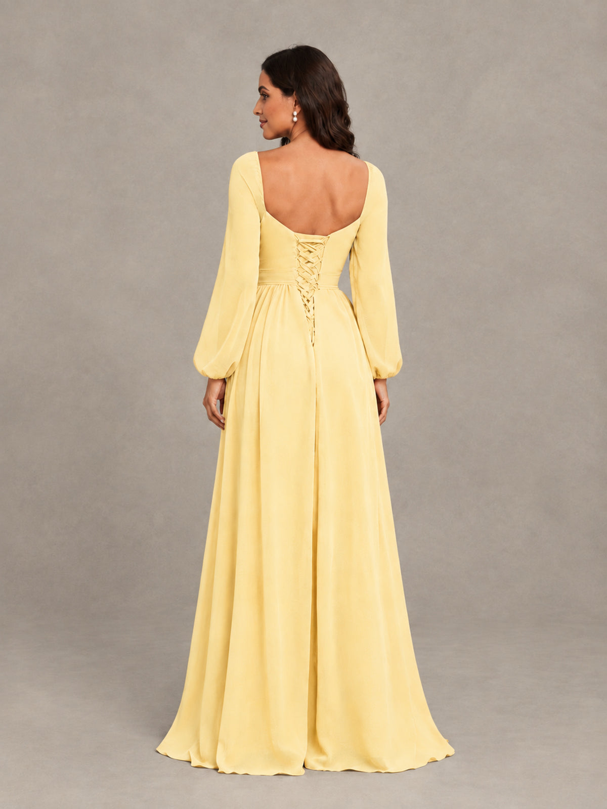 BOLODOO Yellow Long Sleeve Chiffon Bridesmaid Dress with Slit - Yellow - Yellow (2)