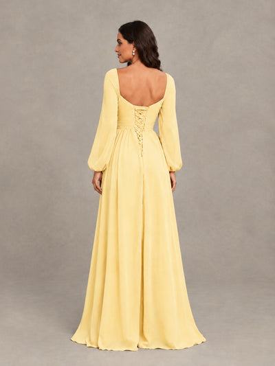 BOLODOO Yellow Long Sleeve Chiffon Bridesmaid Dress with Slit - Yellow - Yellow (2)