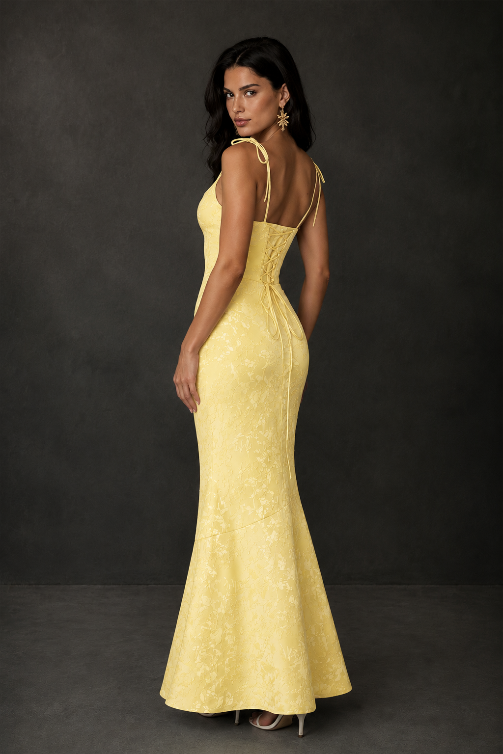 BOLODOO Yellow Scoop Neck Tie Strap Lace-Up Back Floral Jacquard Mermaid Maxi Dress - Yellow