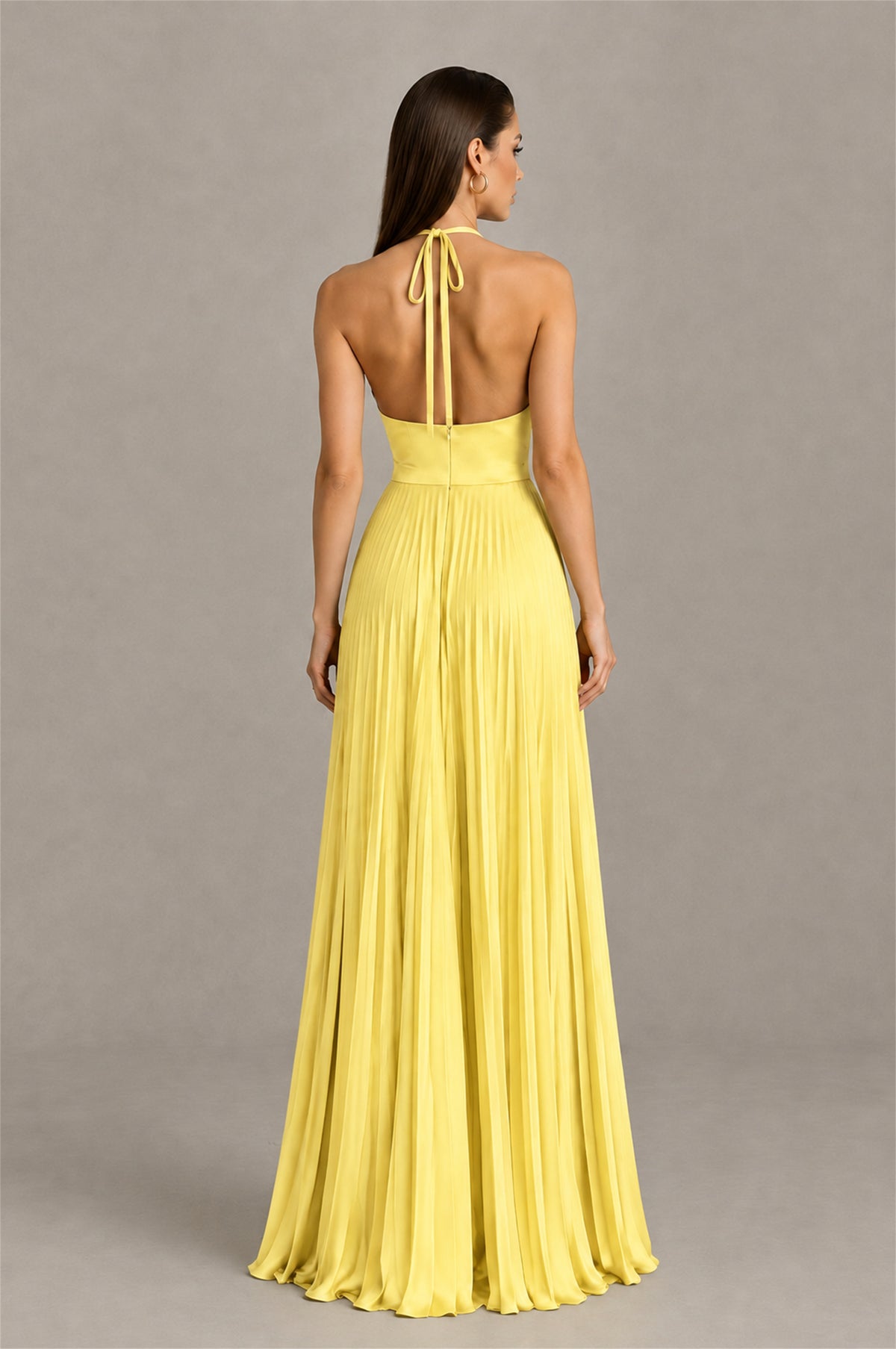 BOLODOO Yellow Halter Pleated A-Line Evening Dress - Yellow - Yellow (2)