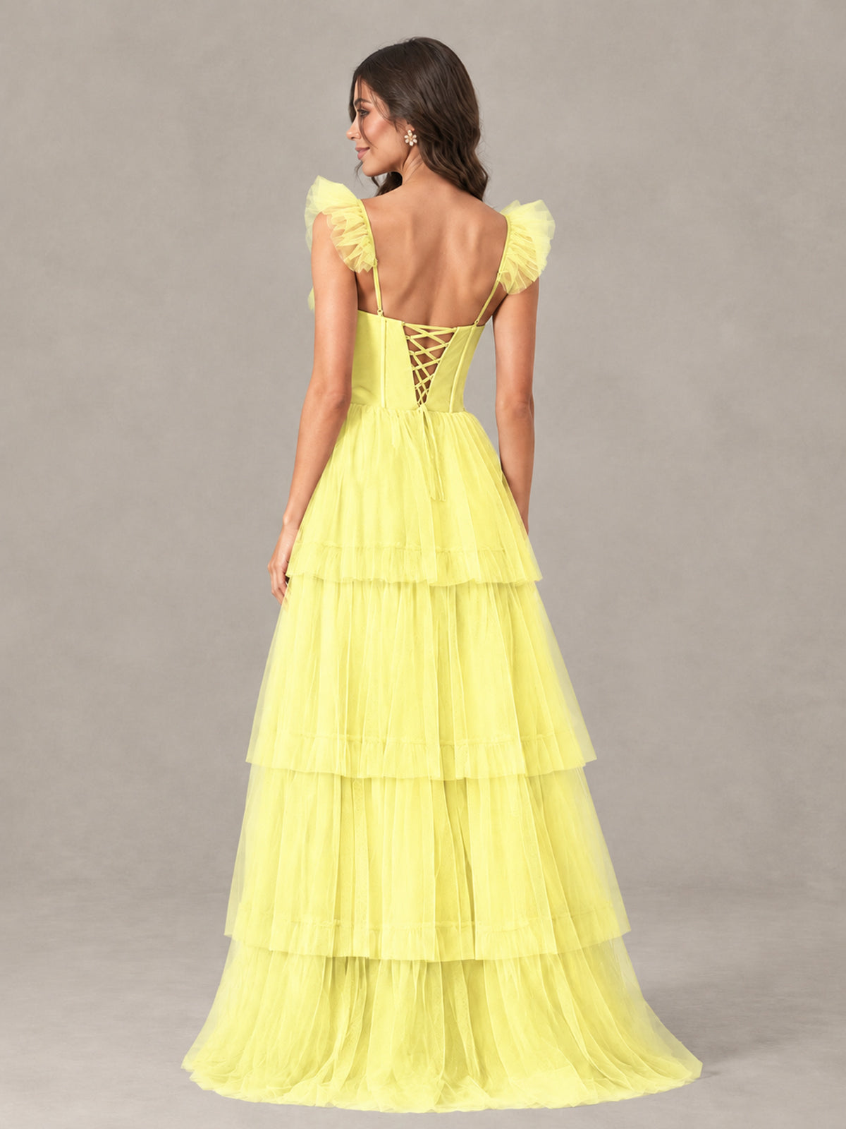 BOLODOO Yellow Tiered Tulle Bridesmaid Dress with Slit - Yellow - Yellow (2)