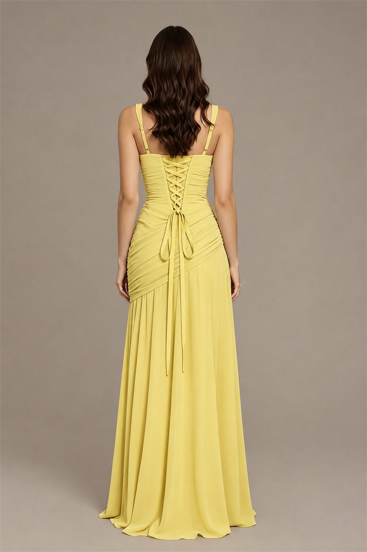 BOLODOO Yellow Spaghetti Strap Ruched Maxi Dress – Formal Evening Gown with Slit - Yellow