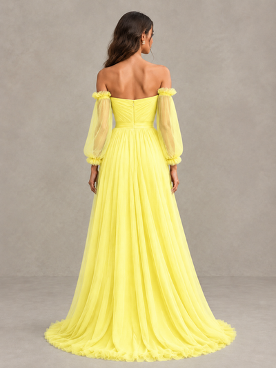 BOLODOO Yellow Off-the-Shoulder Long Sleeve A-Line Bridesmaid Dress - Yellow - Yellow (2)