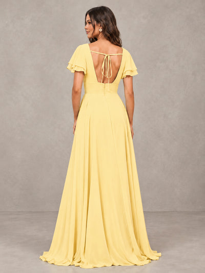 BOLODOO Yellow Flutter Sleeve Chiffon A-Line Maxi Bridesmaid Dress with Open Back & Slit - Yellow - Yellow (2)