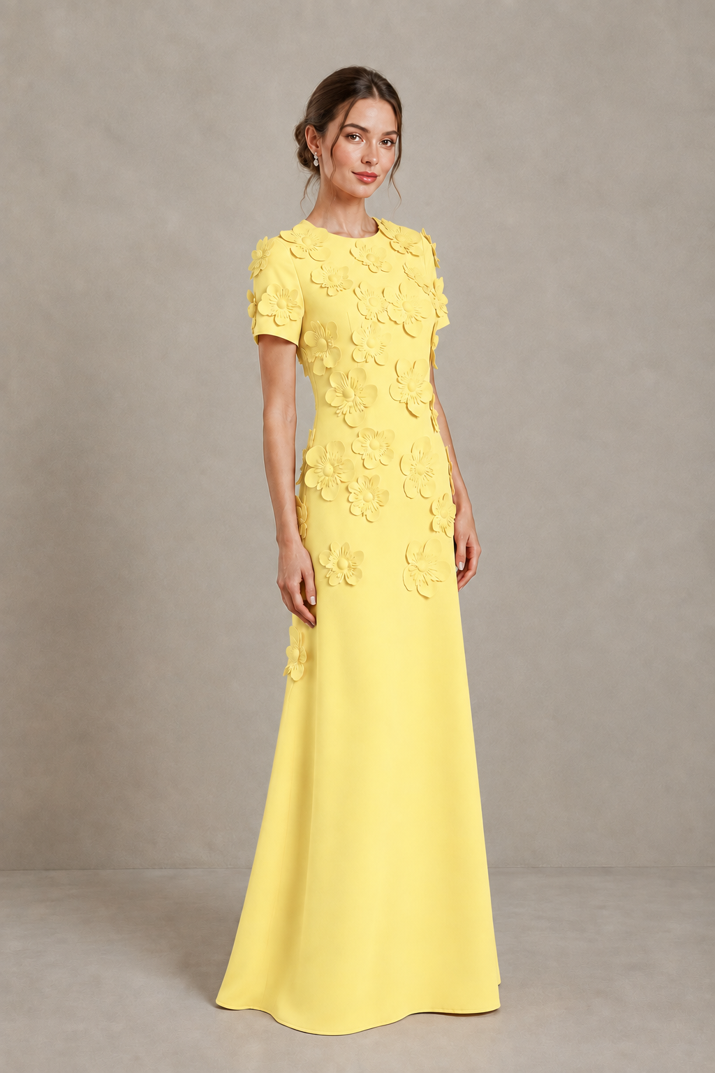 BOLODOO Yellow Textured Floral Maxi Dress with Short Sleeves - Yellow