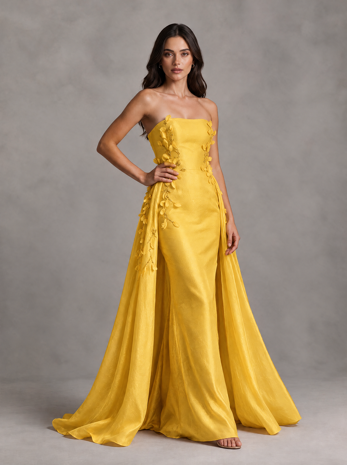 BOLODOO Yellow Strapless Floral Applique Prom Dress with Overskirt - Yellow - Yellow (3)