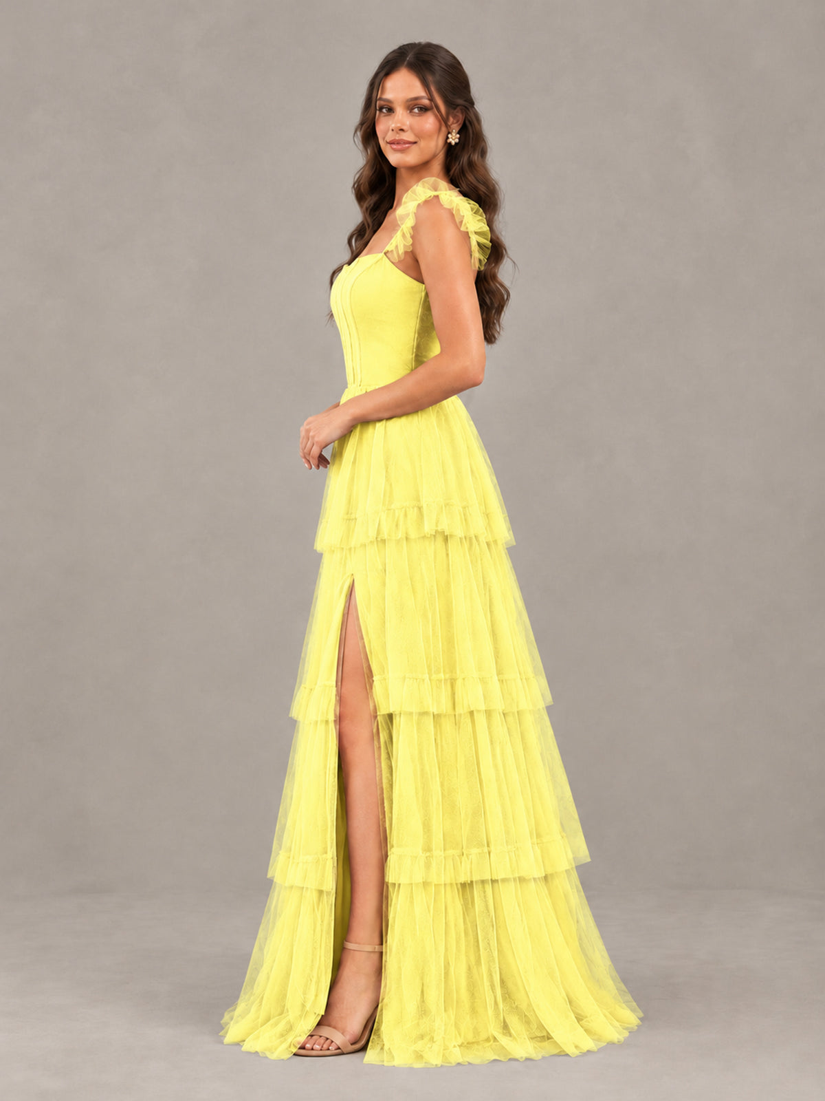 BOLODOO Yellow Tiered Tulle Bridesmaid Dress with Slit - Yellow - Yellow (3)