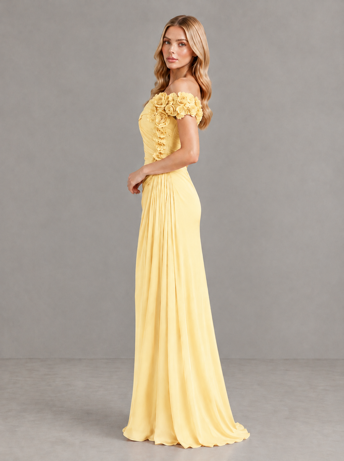 BOLODOO Yellow Off-Shoulder Floral Applique Wedding Guest Maxi Dress - Yellow - Yellow (3)