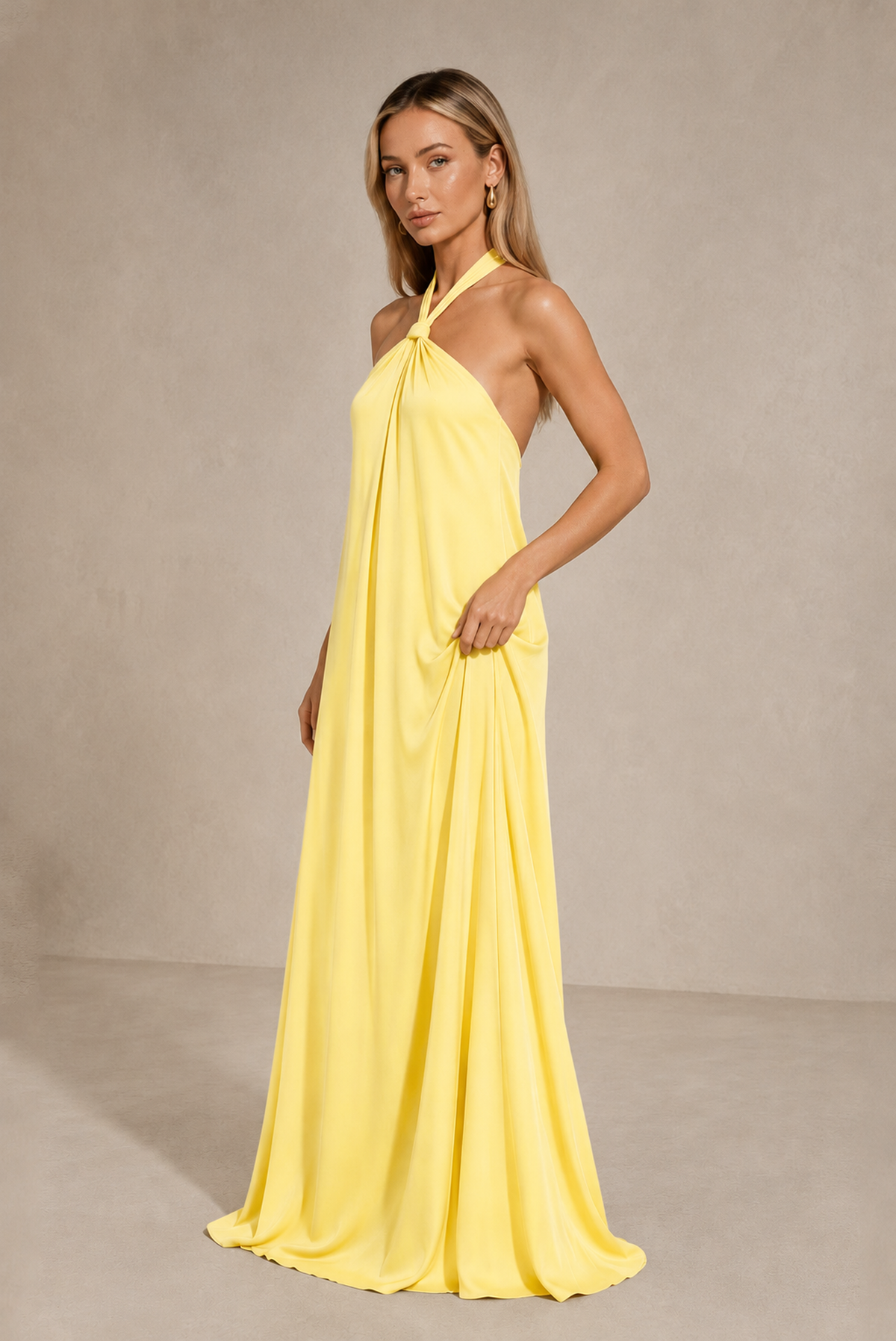 BOLODOO Yellow Backless Halter Satin Bridesmaid Dress - Yellow