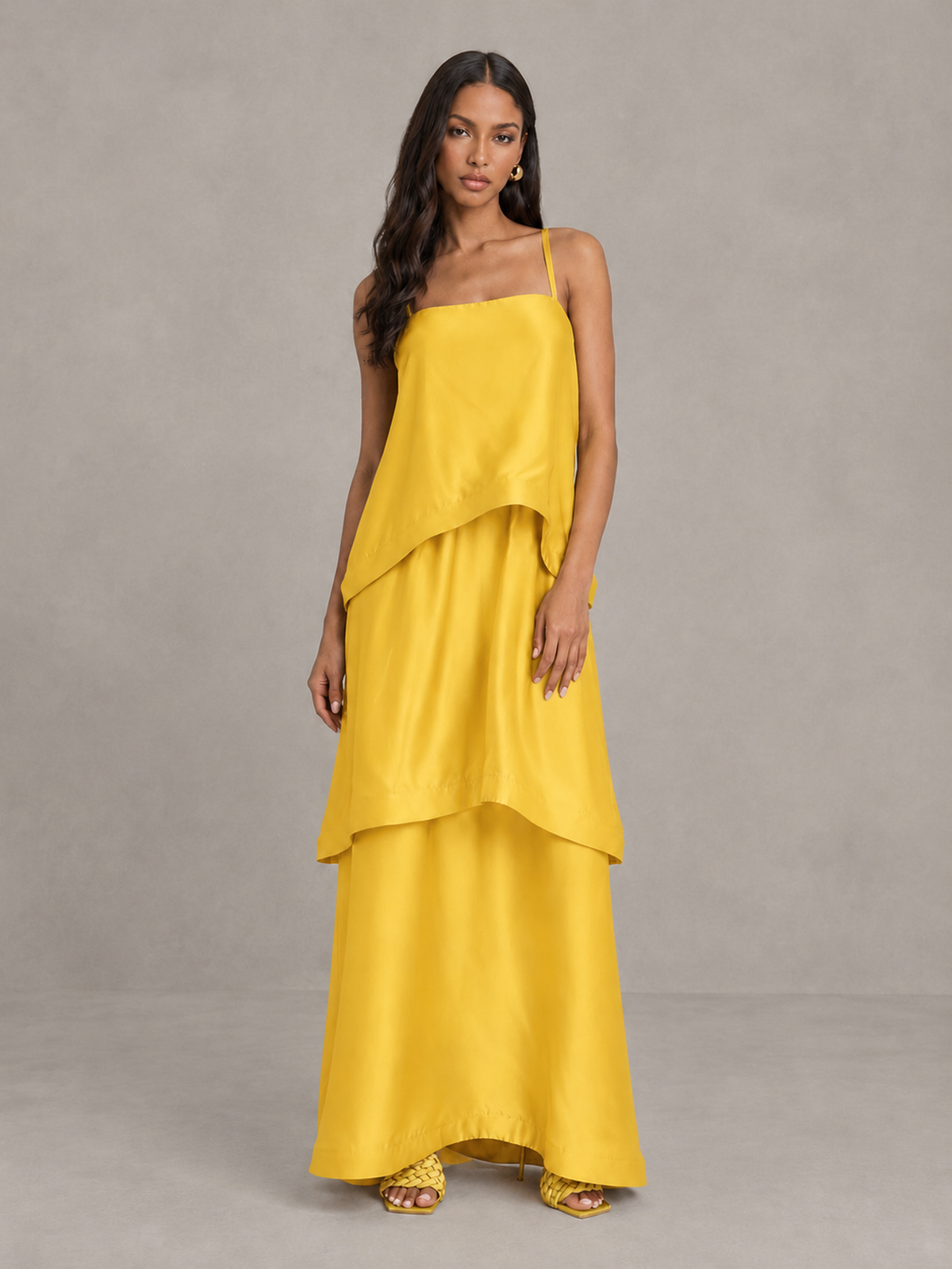 BOLODOO Yellow Satin Tiered Maxi Dress with Spaghetti Straps - Yellow