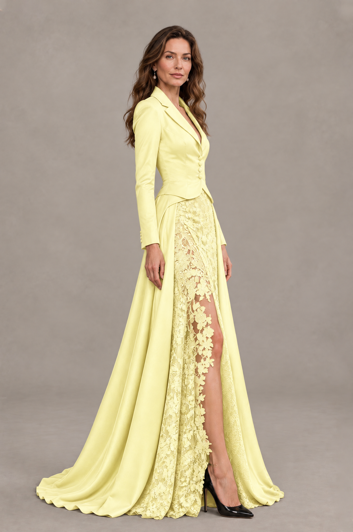 BOLODOO Yellow Long Sleeve Lace Blazer Gown with High Slit - Yellow - Yellow (3)